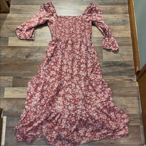 Lucky Brand Floral Pink and cream smocked top Midi Dress size Small